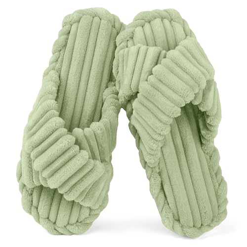 Image of IPSAE House Slippers for Woman Memory Foam Open Toe Slippers Corduroy Cross Bow Womens Slipper Slides Comfy Indoor Bedroom Slip On Shoes