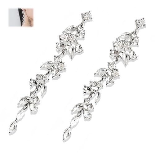 AzureRay Pendientes Cascada, Pendientes Mujer Plata Largos Elegantes con Diamantes de Imitación Hoja Diseño Gota para Fiesta Boda Uso Diario