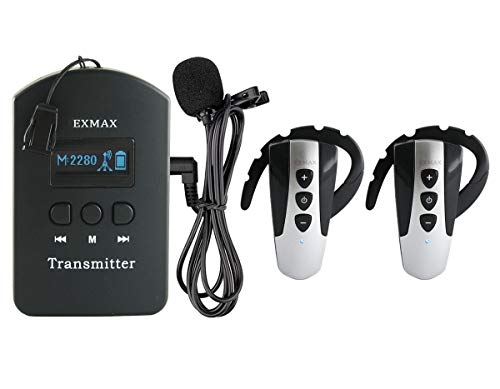 EXMAX EXD-6824 Wireless Audio Tour Guide System – Simultaneous Interpreting Kit with 1 Transmitter & 2 Receivers for Church Translation, Training, Meetings, Exhibitions, Industrial Tours,Classroom