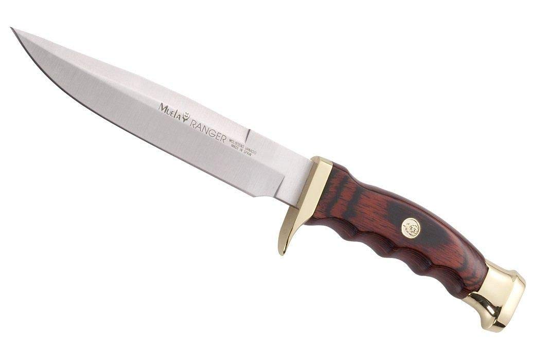 Muela Cuchillo RANGER-14R hoja de acero ACX-380 de 14 cm y empuñadura madedera de coral para Caza, Pesca, Supervivencia y Bushcraft Realizado en Ciudad Real + Portabotellas de regalo