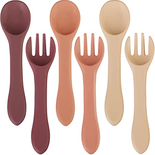 Image of Nuenen 6 Pieces Silicone Baby Feeding Forks and Spoons Set Hot Safety First Stage Self Feeding Supplies Mini Kids Utensils for over 6 Months Babies Boy Girl Toddlers First Foods (Plain Color)