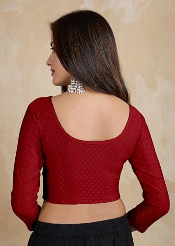 Image of TRENDMALLS Women's Dobby Pure Cotton Elastin Stretchable Readymade Round Neck Full Length Sleeves Blouse Choli Stylish Saree Blouse Ready to Wear