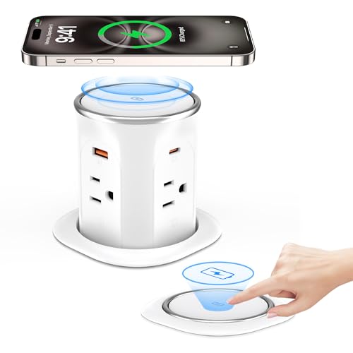 Image of ANNQUAN Motorized Pop Up Countertop Receptacle with 15W Wireless Charger,Max 20W Power Delivery,3.15" Automatic Pop Up Electrical Outlet with 4 Outlets 4 USB Ports for Home Office Kitchen White