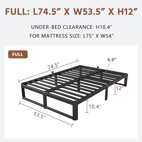 Image of ZTH Full Size Metal Platform Bed Frame 12 in, No Box Spring Needed, Black | Heavy duty support, Underbed storage, Noise-free design, Anti-slip clips, Rounded legs, Easy assembly, Headboard compatible