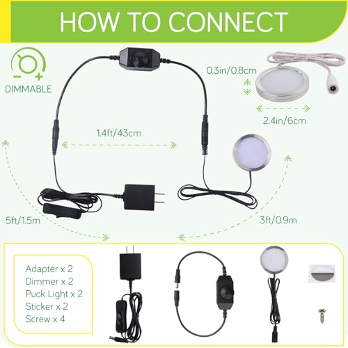 Image of Under Cabinet Light 2.5 inch, Single LED Puck Light for Kitchen Counter Collection Display Lighting, Dimmer Switch, 120VAC Plug in, Black Cord, 2 Packs, Cool White