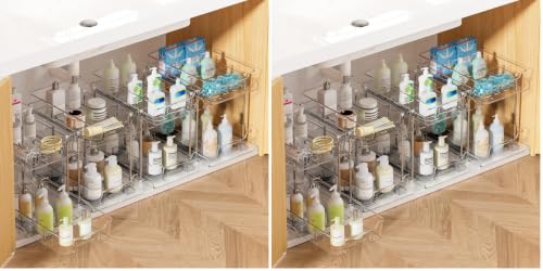 Image of Vtopmart 8 Pack 2 Tier Bathroom Under Sink Organizers and Storage, Clear Kitchen Pantry Organization, Pull Out Medicine Cabinet Organizer with Movable Dividers