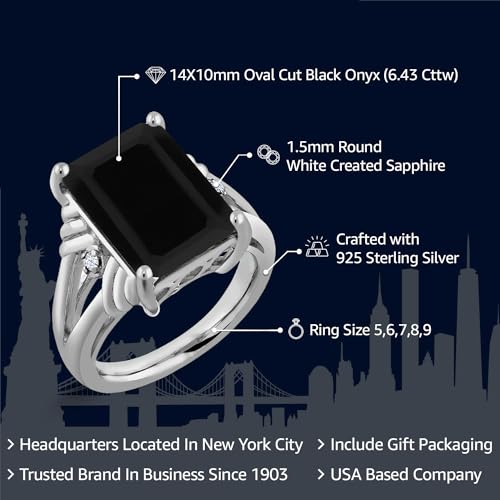 Gem Stone King 6.43 Cttw Black Onyx and White Created Sapphire Engagement Ring For Women | 925 Sterling Silver | Gemstone December Birthstone | Emerald Cut 14X10MM | Available in Size 5,6,7,8,92