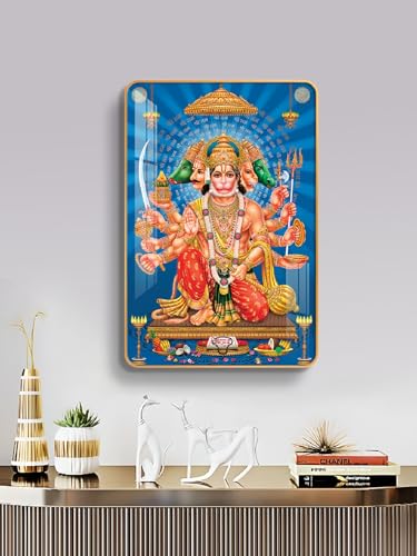 Image of The Next Decor Lord Panchmukhi Hanuman Wood Glass Finish Wall Art Decorative Painting for Living Room, Bedroom, Dining Room (Size: 18x12 Inches)
