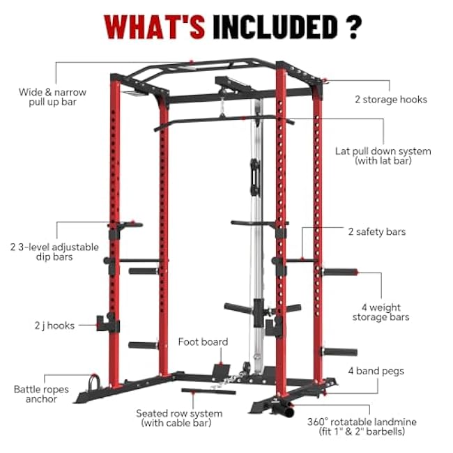FAGUS Power Cage, Multi-Function Power Rack with LAT Pulldown, Seated Row, Cable Pulley System, J-Hooks, Dip Handles, Landmine, Squat Rack with Optional Cable Corssover, Smithe Attachment for Home Gym