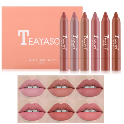 Matte Lipstick Set Petansy 6Pcs Matte Crayon Lipstick Set Long Lasting Waterproof Lipstick Matte Velvety Lip Gloss Set with Gift Box (A)