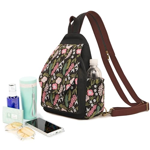 Image of SILKAREA Boho Embroidered Sling Backpack for Women Canvas Travel Chest Bag Flowers Multi-purpose Backpack Purse Shoulder Bag(Embroidered Black)