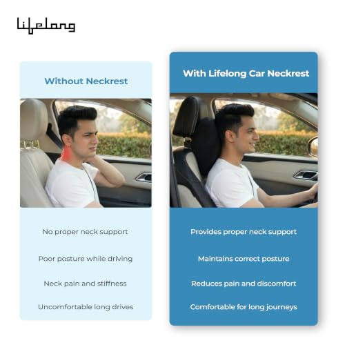 Image of Lifelong Car Neck Pillow for Driving | 100% Memory Foam Headrest Cushion, Cervical Neck Pain Relief | Ergonomic Support, Adjustable Strap, Breathable Washable Cover & Universal Car Fit (LLNR01)