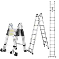 Wolec 16.5 FT A Frame Telescoping Ladder, Adjustable Multi-Purpose Collapsible Extension w/Balance Bar & Wheels, Heavy Duty 330 lbs Max Capacity, Ideal for Home and Outdoor Work, Silver