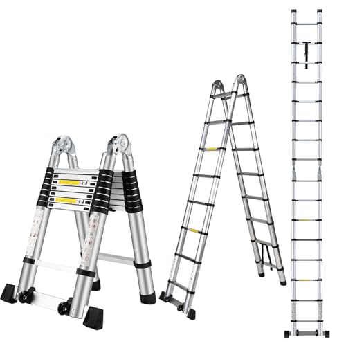 Wolec 16.5 FT A Frame Telescoping Ladder, Adjustable Multi-Purpose Collapsible Extension w/Balance Bar & Wheels, Heavy Duty 330 lbs Max Capacity, Ideal for Home and Outdoor Work, Silver