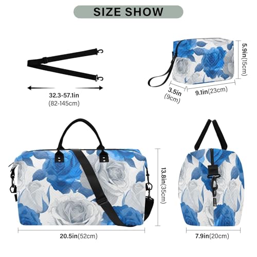 Flower Travel Duffle Bag Gym Bag, Retro Blue and White Roses Weekender Bags for Women with Toiletry Bag Travel Tote Bag Swim Bag3