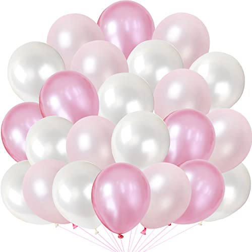 100 globos de color rosa y blanco, juego de globos de fiesta de helio de látex grueso de 12 pulgadas, globos de color rosa pálido y blanco con 2 cintas de globos para niñas y mujeres, decoración de