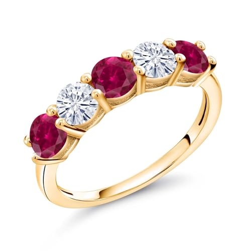 Gem Stone King 18K Yellow Gold Plated Silver Red Created Ruby and Moissanite Wedding Band Ring For Women (1.07 Cttw, Round 3.5MM, Gemstone July Birthstone, Available In Size 5, 6, 7, 8, 9)