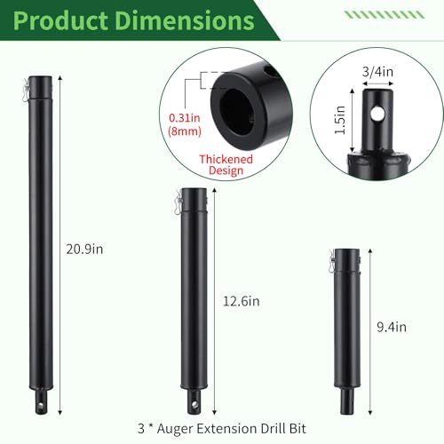 Image of 3 Auger Extension Bits 3 /4in Shaft, 9.4 /12.6 /20.9in Bars for Earth Drilling