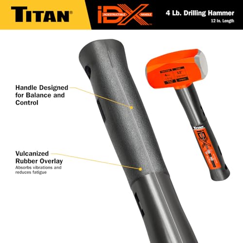Image of Titan iDX 63614 4lb Drilling Hammer, Sledgehammer with 12 inch Indestructible Handle Reinforced with Steel Locking Plates & Steel Bars, Vulcanized Rubber Grip, Overstrike Protection