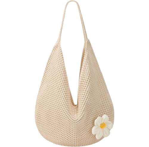 Image of Premillow Crochet Beach Bags for Women, Summer Beach Tote Bag, Mesh Cute Beach Purse, Aesthetic Knit Bag Handbag Shoulder Bag