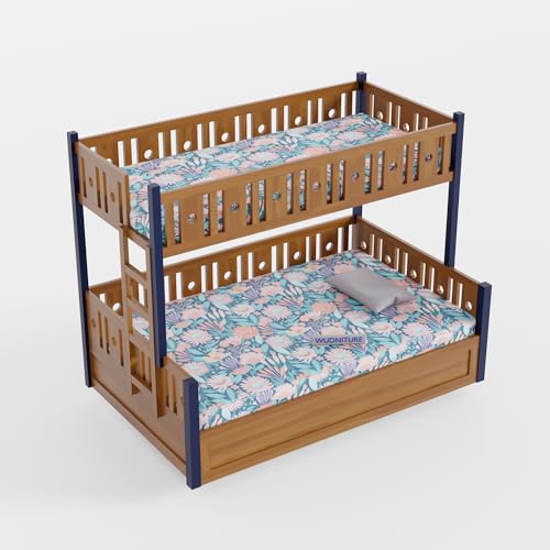 Image of Wudniture Solid Sheesham Wood Bunk Bed for Kids and Adults with Storage 6x4 feet Lower Bed and 6x3 feet Upper Bed (Brown and Blue)