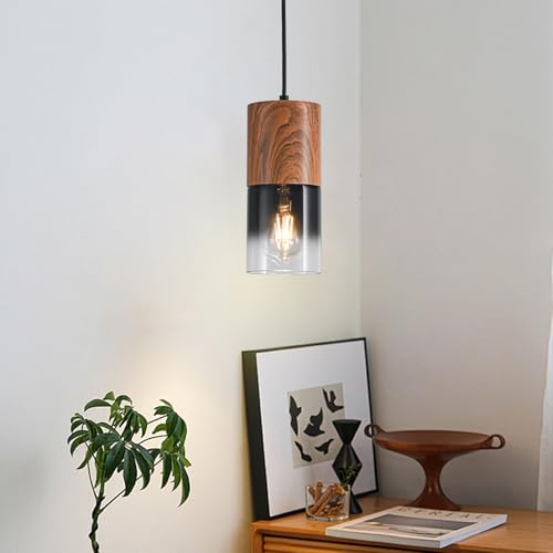 Image of 2-Pack Modern Pendant Lights for Kitchen Island, Adjustable Black Pendant Light Fixtures with Brown Wood Grain, Industrial Glass Pendant Lights for Dining Table Hallway Bedroom Living Room