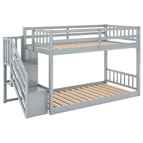 Moeo Twin Over Twin Floor Bunk Bed With Stairs And Storage Shelves For Bedroom, Dorm, Kids, Teens, No Box Spring Required (Gray) #TOP3