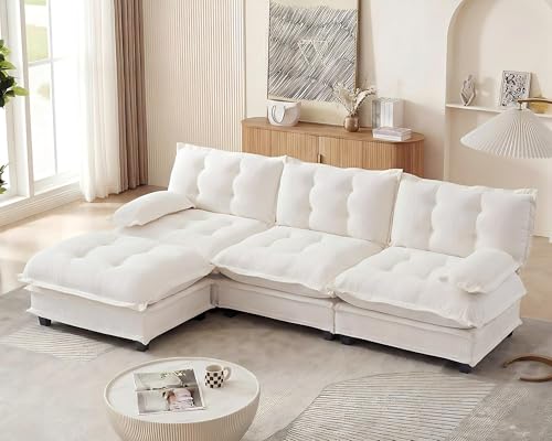 Image of 108 inch Sectional Sleeper Sofa with Ottoman, L Shaped Modular Deep Seat Couches for Living Room Apartment, Flexible Module Combination Cloud Sofa with Spring Support, Easy Assembly, White