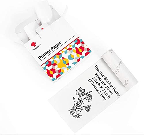 Phomemo 3 Roll Adhesive Sticker Paper for Phomemo M03/M03AS/M04S Portable Photo Printer Notes Printer, Black on White Keep for 10 Years, 3 Inch X 11.5 ft (77mmx 3.5m)