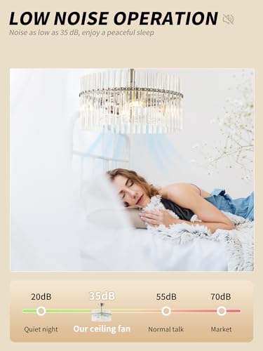 Image of SYDACG 20 inch Silver and Clear Crystal Fandelier Ceiling Fan with Light, Mid-Century Chandelier Ceiling Fan with Light Remote Control, 6 Speeds for Bedroom, Nursery, Living Room