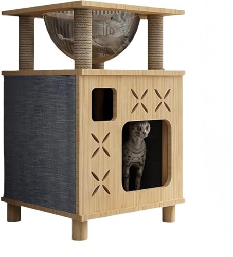 Xiraivke?木製猫タワー 四季通用 多機能猫家具 猫ベッド/猫ヴィラ/密閉式猫ハウス/猫クライミングフレーム ベッドサイドテーブル兼用 猫用共用スツール 爪とぎ器付き 室内装飾対応 簡単組立?