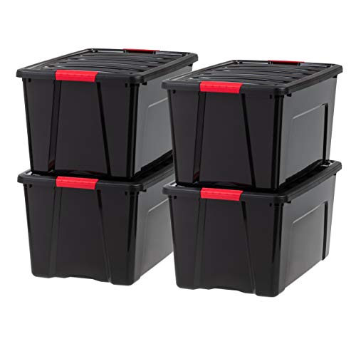 Image of IRIS USA 72 QT Plastic Storage Box with Lid and Latches - 4 Pack - BPA-Free, Garage Organizing Solution, Durable Nestable Stackable Containers, Secure Pull Handle - Black