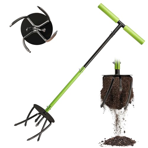 KLDOLLAR Hand Tiller Cultivator Manual Twist Tiller with Sharp Arrow Tines Extra-Wide Foot Plate Tills Effortlessly Manual Tiller for Gardening Soil Loosening Flower Beds & Raised Beds