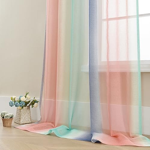 Image of XiDi Grey Pink and Green Curtains for Bedroom Girls Room Decor,Ombre Window Semi Sheer Curtains for Nursery Kids Room 96 Inch Length 2 Panels