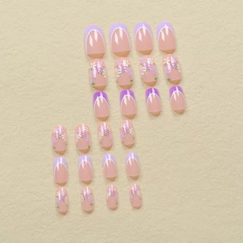 Image of Purple French Tip Press on Nails Medium Square Fake Nails White Flower False Nails with Grape Designs Artificial Acrylic Glossy Glue on Nails Nude Stick on Nails for Women Manicure 24pcs