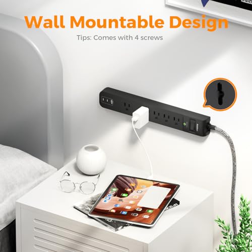 2 Pack Power Bar Surge Protector - 5 Widely Spaced Outlets 3 USB Charging Ports(2 USB C), 1875W/15A with 6Ft Braided Extension Cord, Flat Plug, Overload Surge Protection, Wall Moun image 3
