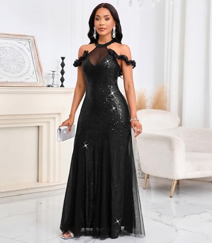Image of Cololura Women Sexy Sequin Halter Neck Short Sleeve Mesh Perspective Party Bodycon Evening Cocktail Maxi Dress