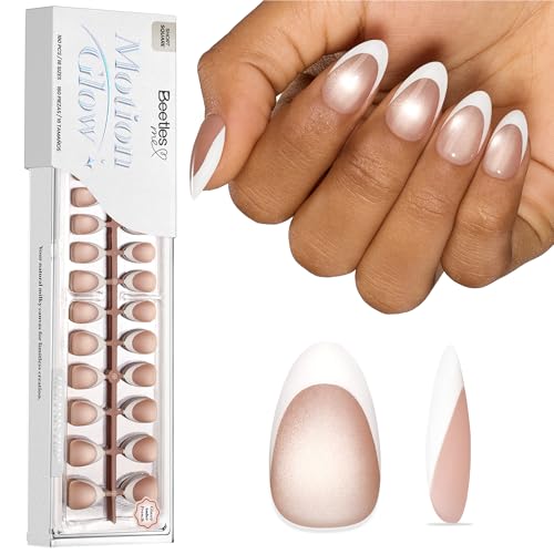 Image of Beetles French Tip Press On Nails 160Pcs Short Almond Soft Nail Gel Tips | 16 Sizes Gel Painted Cat Eye Brown Fake Nails, DIY Manicure Glassy Amber French