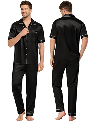 SWOMOG Couples Pajamas Sets Women & Men Satin Short Sleeve Sleepwear Button Down Loungewear Pjs Set with Long Pants3