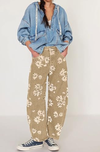 loveimgs Women Y2k Distressed Barrel Jeans Baggy Wide Leg Jeans Floral Printed Boyfriend Patchwork Denim Pants3