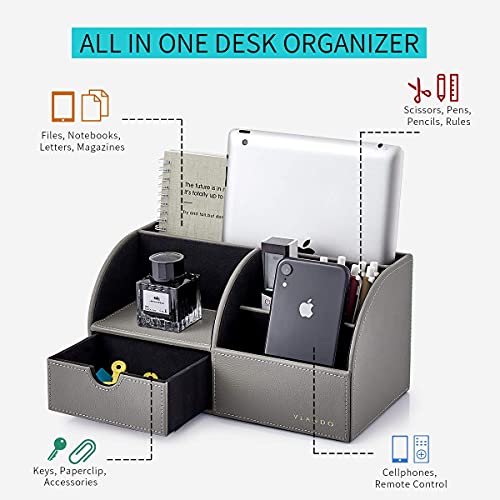 Vlando Office Supplies Desk Organizer With Drawer, Pu Leather Office Supplies Caddy With Pencil Holder And Storage Baskets For Desktop Accessories, 6 Compartments With Drawer, Grey #TOP2