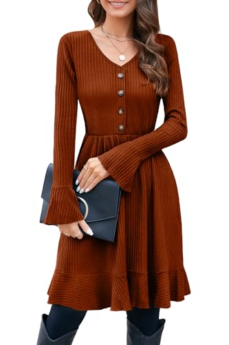 ULTRANICE Strickkleid Damen Herbstkleid Winterkleid V Ausschnitt Pulloverkleid mit Deko Knopf Herbst Winter Kleid (Brown, M)