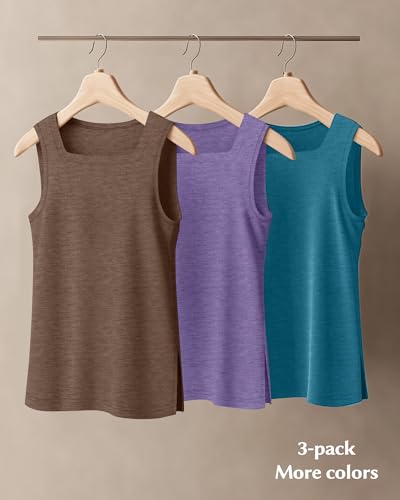 Huukeay 3 Pack Summer Women's Tank Tops Cotton Sleeveless Shirt Loose Fit Square Neck Tank Top with Side Slits(Sea Blue, Taro Purple, Mocha,X-Large)4