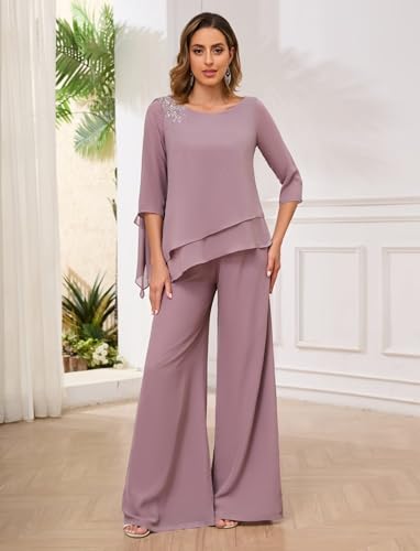 2 Piece Mother of The Bride Pant Suits for Women 3/4 Sleeves Chiffon Lace Ruffled Formal Wedding Outfit2