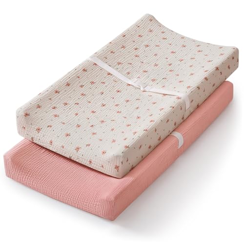 Image of Blissful Diary Muslin Changing Pad Cover for Baby Girls, Ultra Soft Breathable Cotton, Baby Diaper Change Table Pad Covers, 2Pack (Pink Floral & Light Pink)