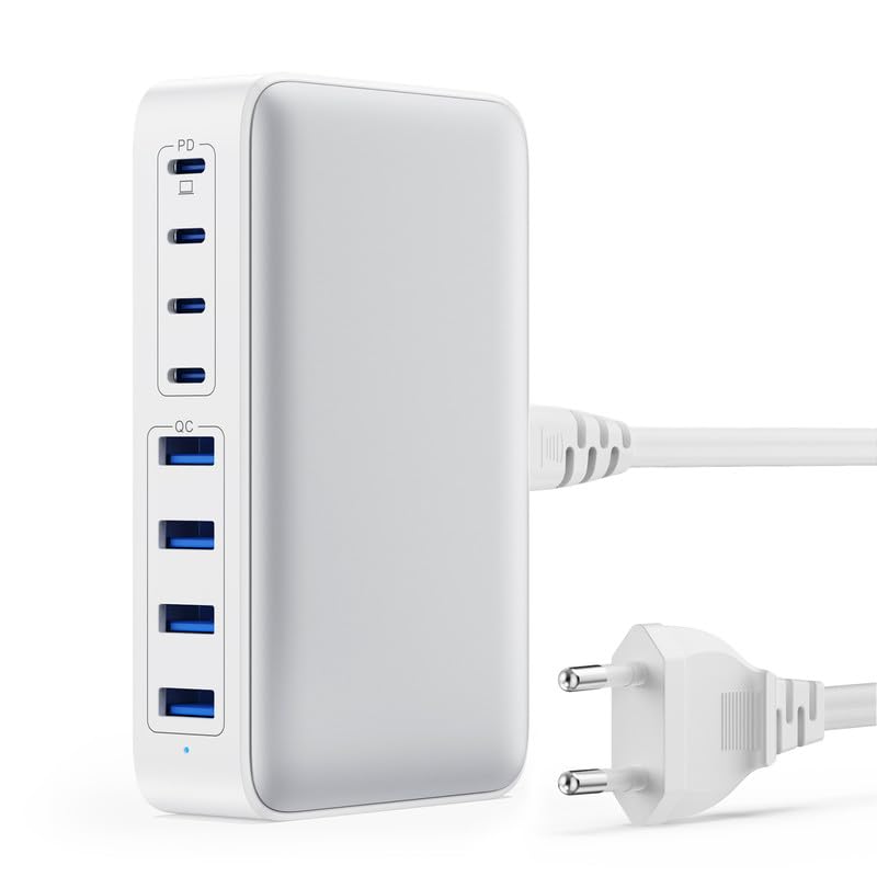 200W Caricatore USB C Multiplo, GaN III 8-Port 65W Laptop Caricabatterie PPS PD QC Alimentatore USB C Multipla Stazione di Ricarica mit USB A per MacBook Air/Pro Laptop iPhone Samsung SteamDeck-Bianco