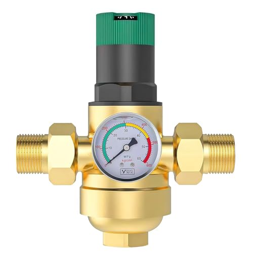 Regulador de Presion Agua 1 Pulgadas, Reductor de Presion de Agua Ajustable con Manometro Presion Agua y Filtro de Malla, Válvula Reguladora De Presión de Agua Para Grifo de Riego de Jardín (Latón)