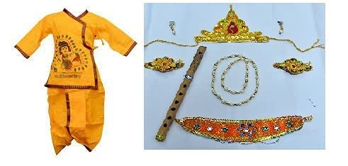 Image of PK HUB Krishna Dress for Kids - Janmashtami Costume Set of 8 Items | Yellow Cotton Dhoti Kurta, Mukut, Mala, Earrings, Bajuband, Kamarband & Murli | Comfortable Traditional Outfit