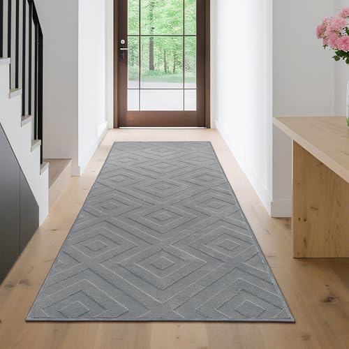 Enyhom Läufer Flur, Grau Küchenläufer rutschfest 80x300cm Waschbarer Teppichläufer Modern Flurteppich für Eingang Schlafzimmer Wohnzimmer