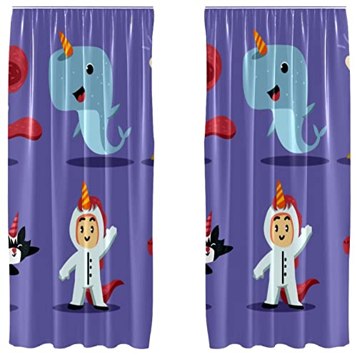 Cortinas de unicornio animal púrpura para decorar habitaciones infantiles con bolsillo de barra 2